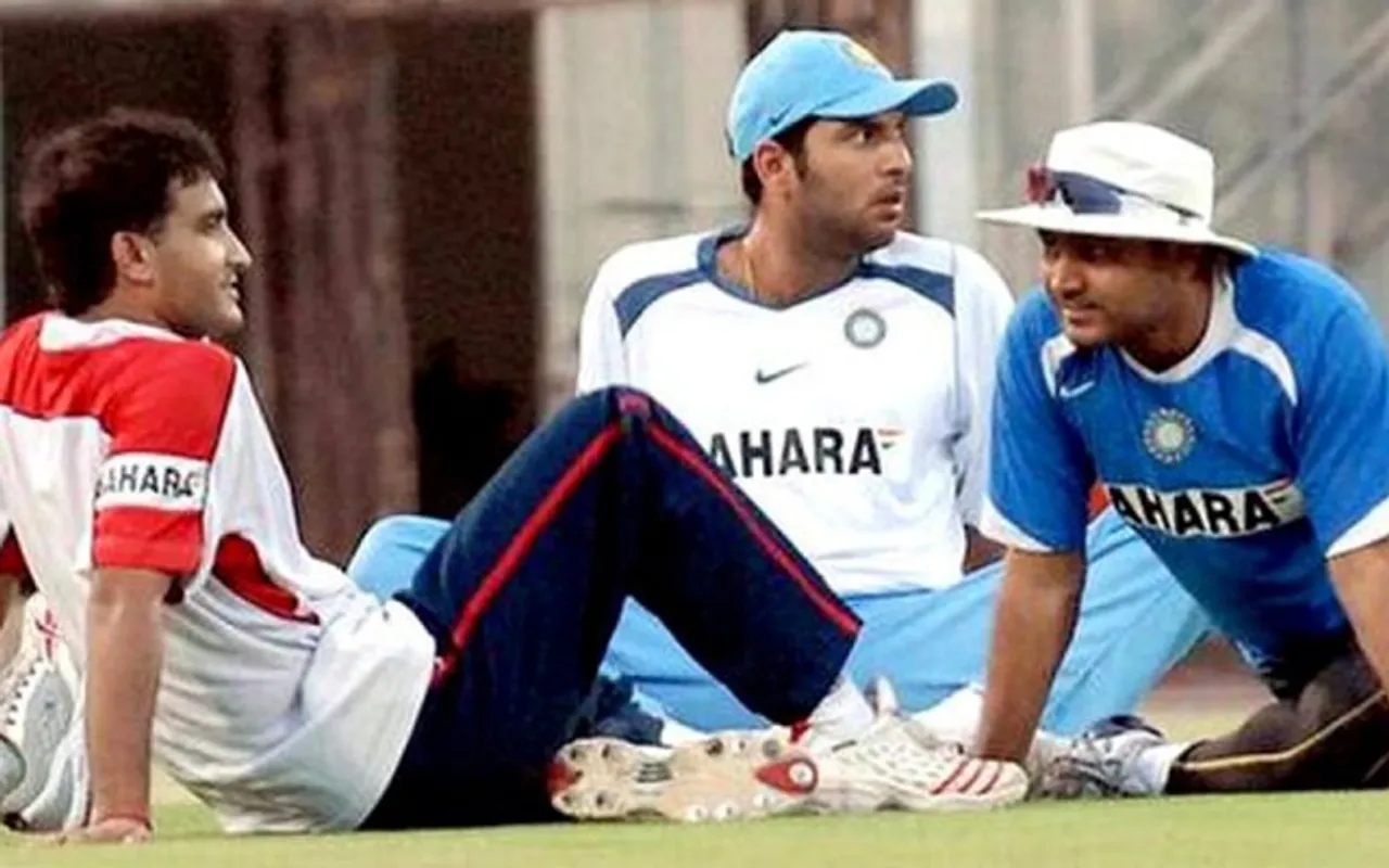 Yuvraj Singh with Sourav Ganguly and Sehwag