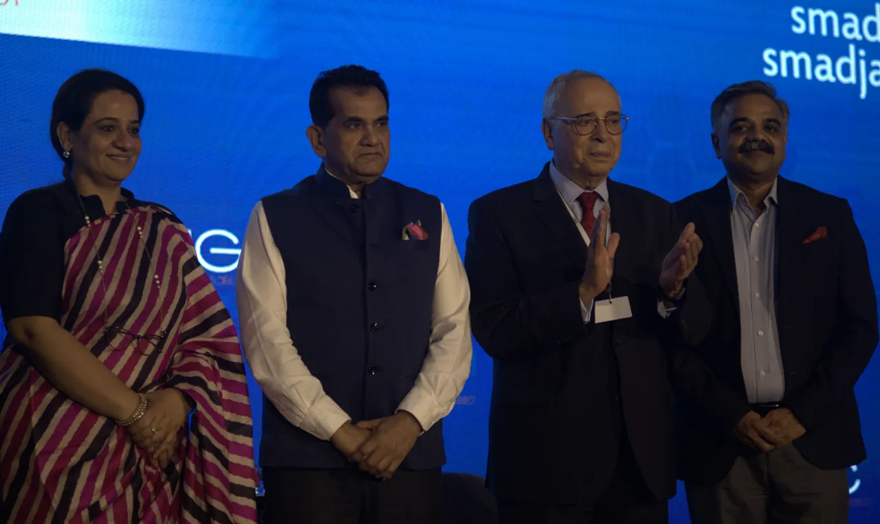 ( From Left to Right) - Dr. Ekroop Caur, Secretary Electronics, IT, Bt and S&T, GoK, Amitabh Kant, G20 Sherpa, India, Claude Smadja , Chairman of Smadja & Smadja Strategic Advisory, Sanjeev Kumar Gupta, 