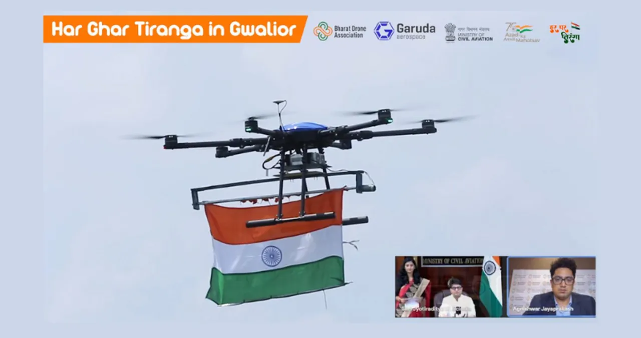 Union Minister Jyotiraditya Scindia Unfurls Indian Flag in Gwalior Using Garuda Aerospace Drones