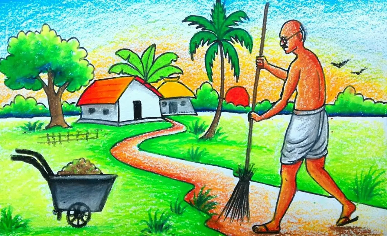 How to draw Swachh Bharat Abhiyan Drawing I Paramparik Bharat Drawing I  Clean India for Competition | Scenery drawing for kids, Drawing  competition, Drawings