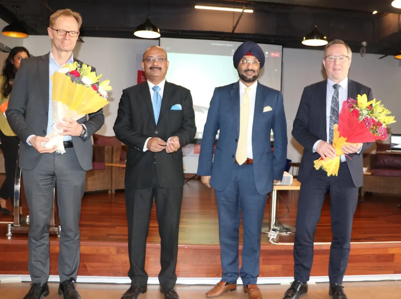 Mr. Mika Lintila, Minister of Economic Affairs of Finland; Harshvendra Soin, Global Chief People Officer & Head - Marketing, Tech Mahindra; Jagdish Mitra, Chief Strategy Officer, Tech Mahindra; Mr. Petri Peltonen, Under-Secretary of State, Ministry of Economic Affairs and Employment of Finland