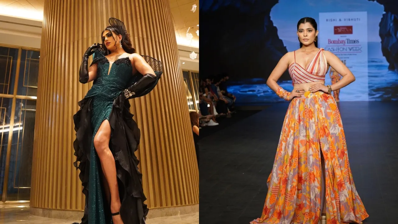 Content creators Sakshi Keswani and Sushant Divgikar walk the ramp at Bombay Fashion Week