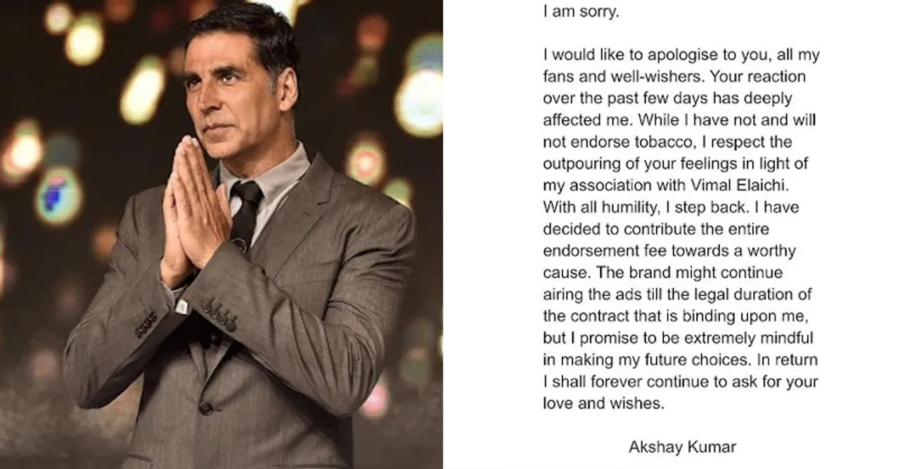 Akshay Kumar apologises to fans after facing backlash for promoting tobacco