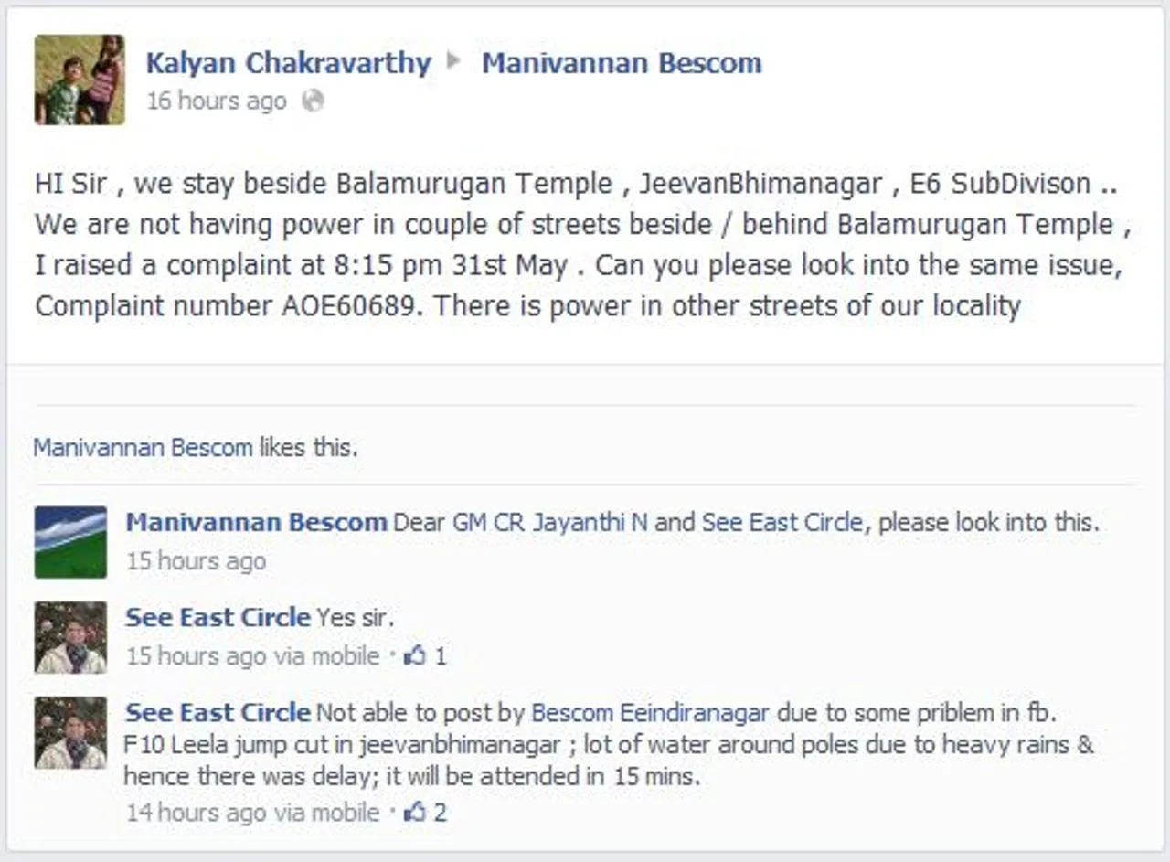 Bangalore Electricity Department uses Facebook to Address Complaints