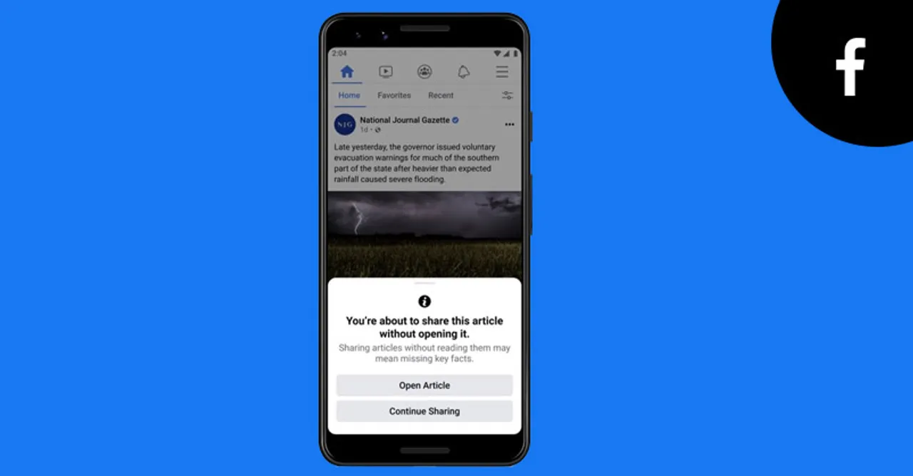 Facebook tests prompt encouraging users to read an article before sharing