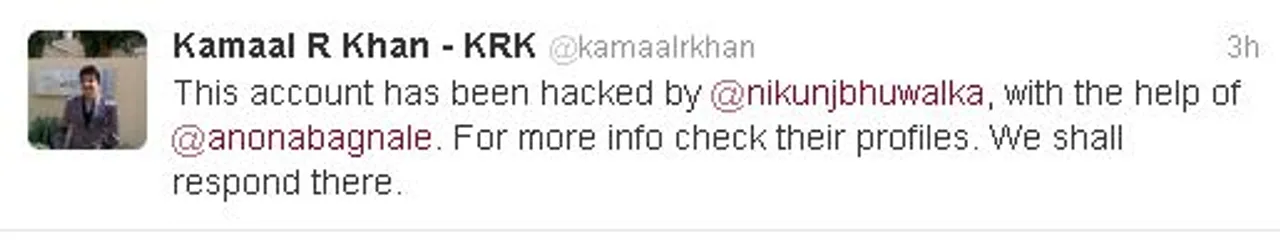 Kamaal R Khan’s twitter account hacked.