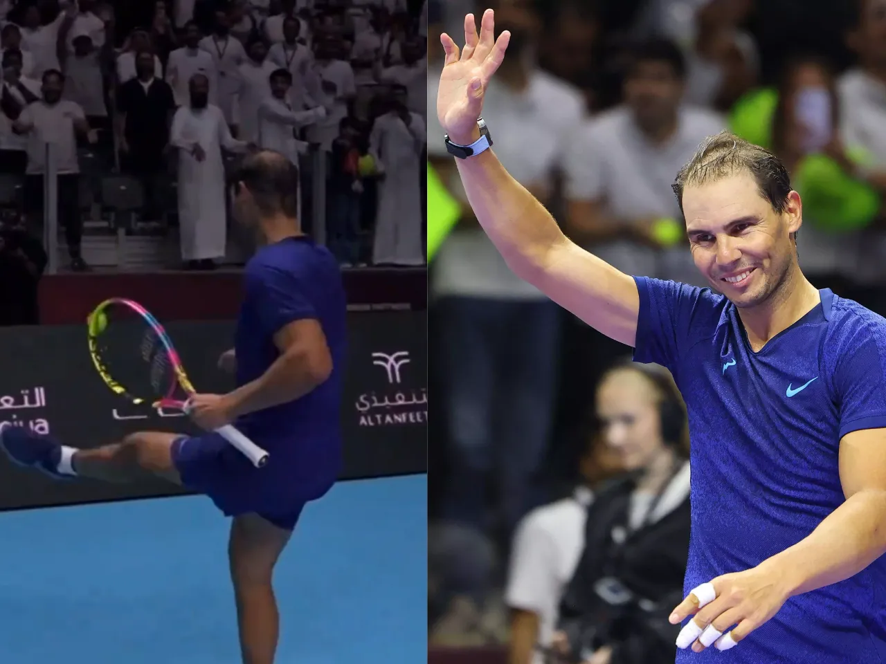 Rafael Nadal shows off his football skills, entertaining the crowd in