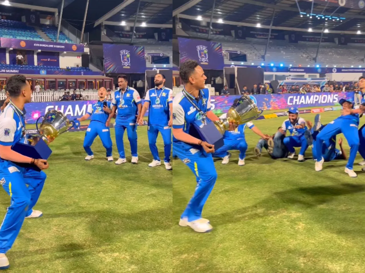 Majhi Mumbai players celebrate after winning ISPL final against Srinagar Ke Veer