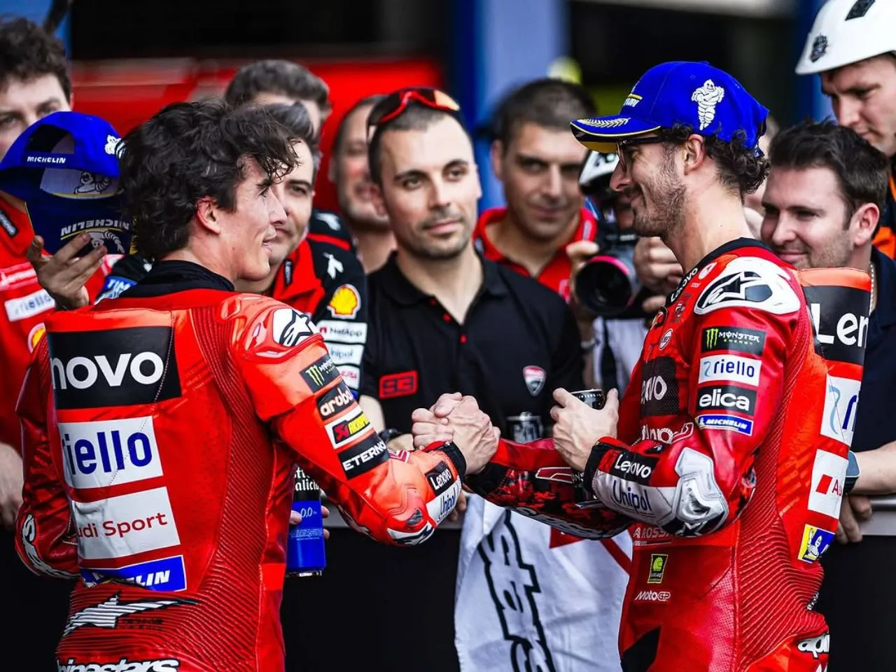 Marquez and Bagnaia congratulating each other