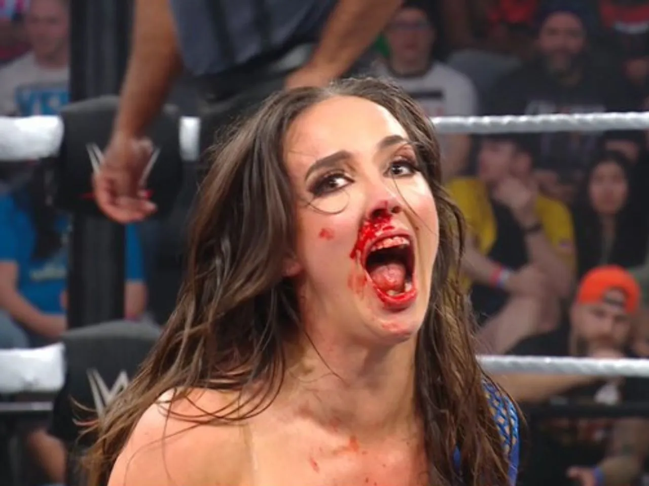 Kairi Sane breaking her eyebrows after a botched fall on WWE Raw