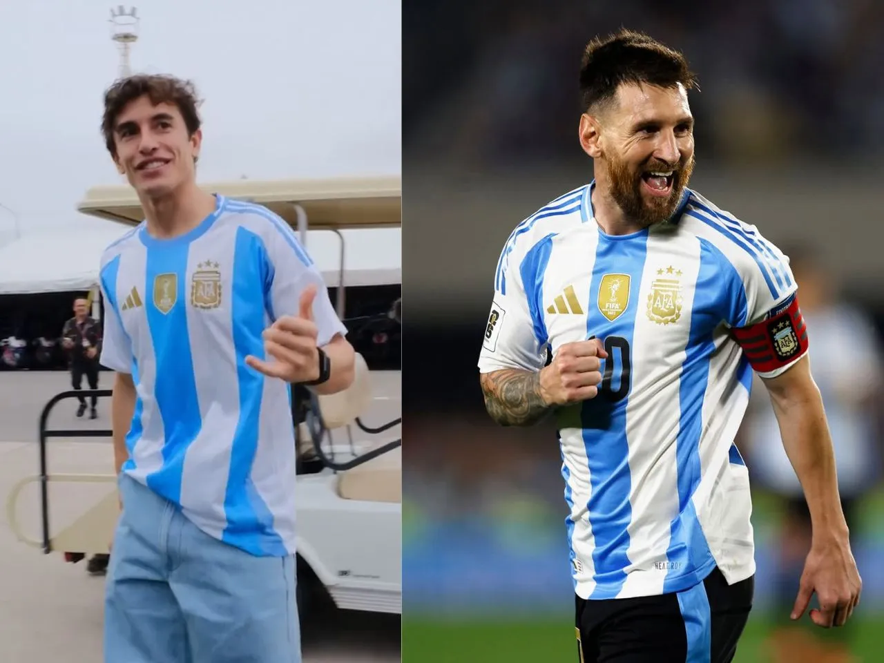 Marc Marquez more an Argentina football jersey before the 2025 Argentinean Grand Prix race weekend