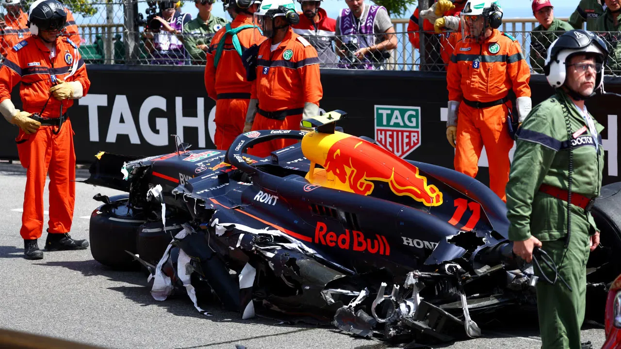 Sergio Perez's RB20 after the nasty Monaco Crash 