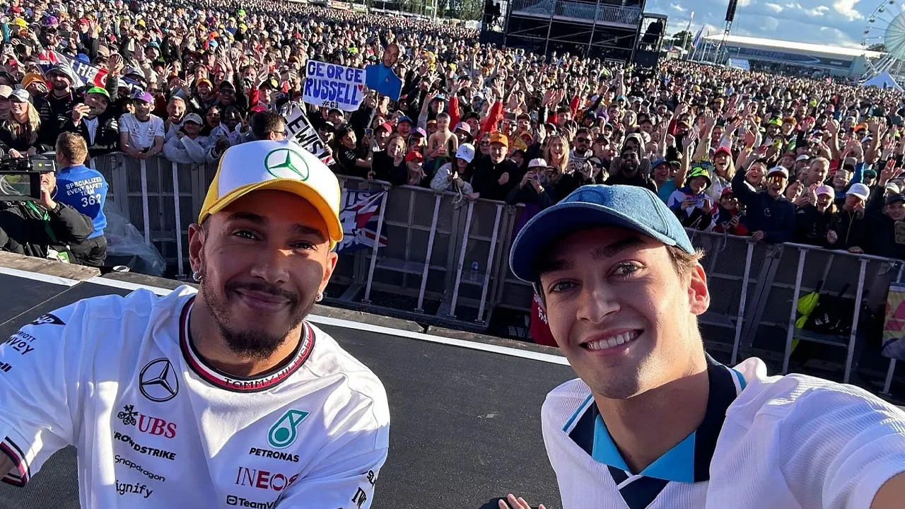 George Russell and Lewis Hamilton with Crowd 