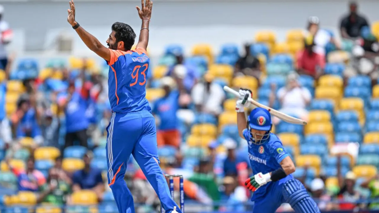 Jasprit Bumrah celebrates after taking a wicket against Afghanistan (Source: X)