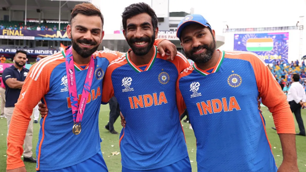 Virat Kohli, Jasprit Bumrah and Rohit Sharma (Source: X)