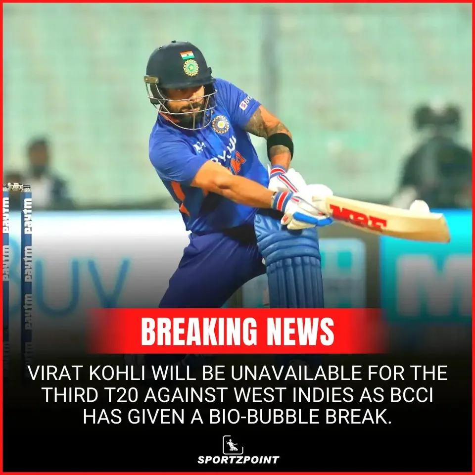 Virat Kohli will be unavailable for the third T20I against West Indies as BCCI has given a bio-bubble break