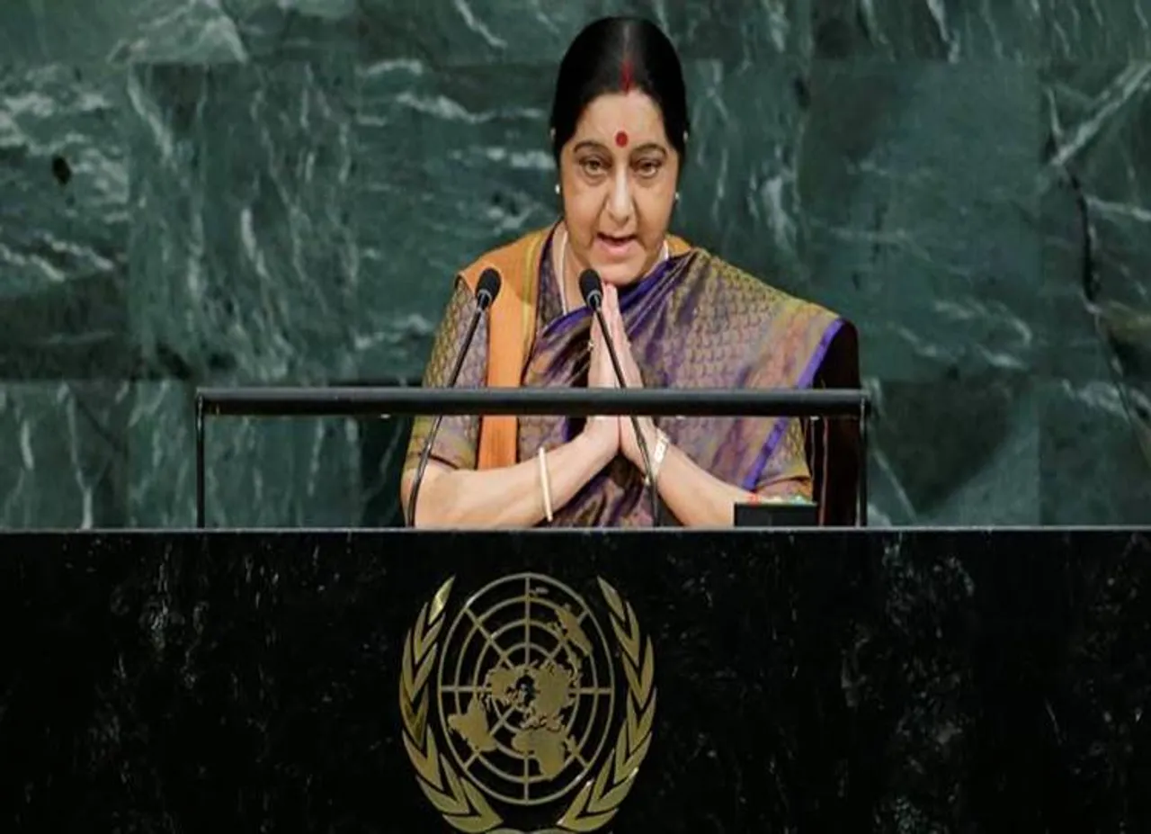 Indian External Affairs Minister Swaraj addresses the 72nd United Nations General Assembly at U.N. headquarters in New York, IITs, IIMs, Lashkar, Sushma Swaraj, Pakistan,