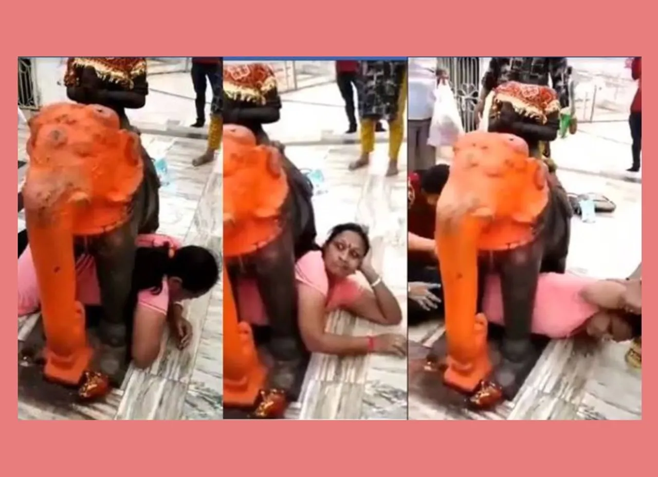 Funny Video Woman Devotee stuck under Elephant statue