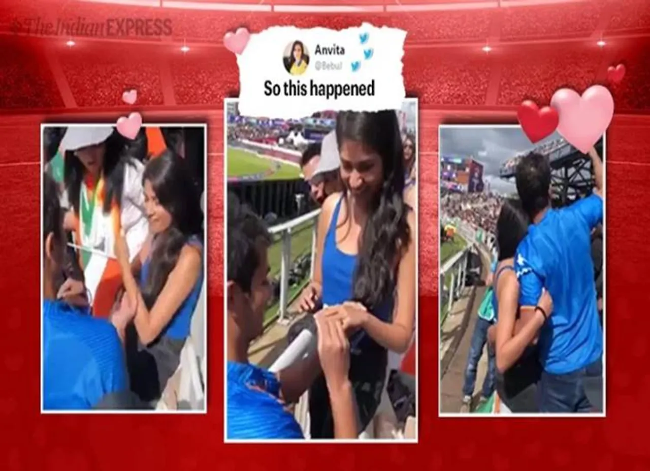 World Cup 2019 Indian fan proposes girlfriend India-Pak match video - பக்கா பிளானோடு காதலை புரபோஸ் செய்த நபர்! அப்போ நீ மேட்ச் பார்க்க வரல!!?