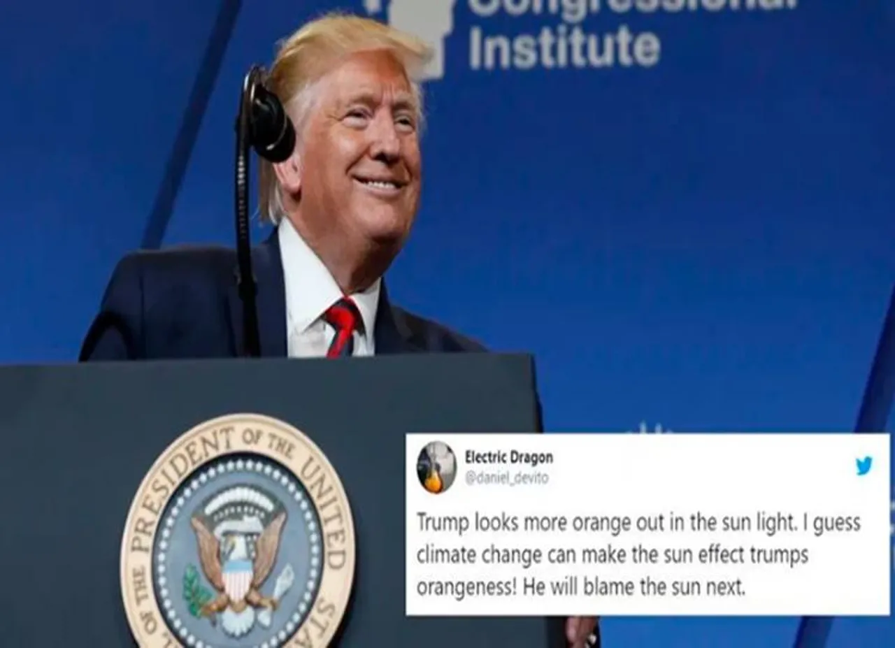 Donald Trump blames energy-efficient bulbs for his orange appearance video - 'நான் ஏன் ஆரஞ்சு பழம் போல் தெரிகிறேன்?' - அமெரிக்க அதிபராக இருந்தாலும் உளறினால் இப்படித்தான்