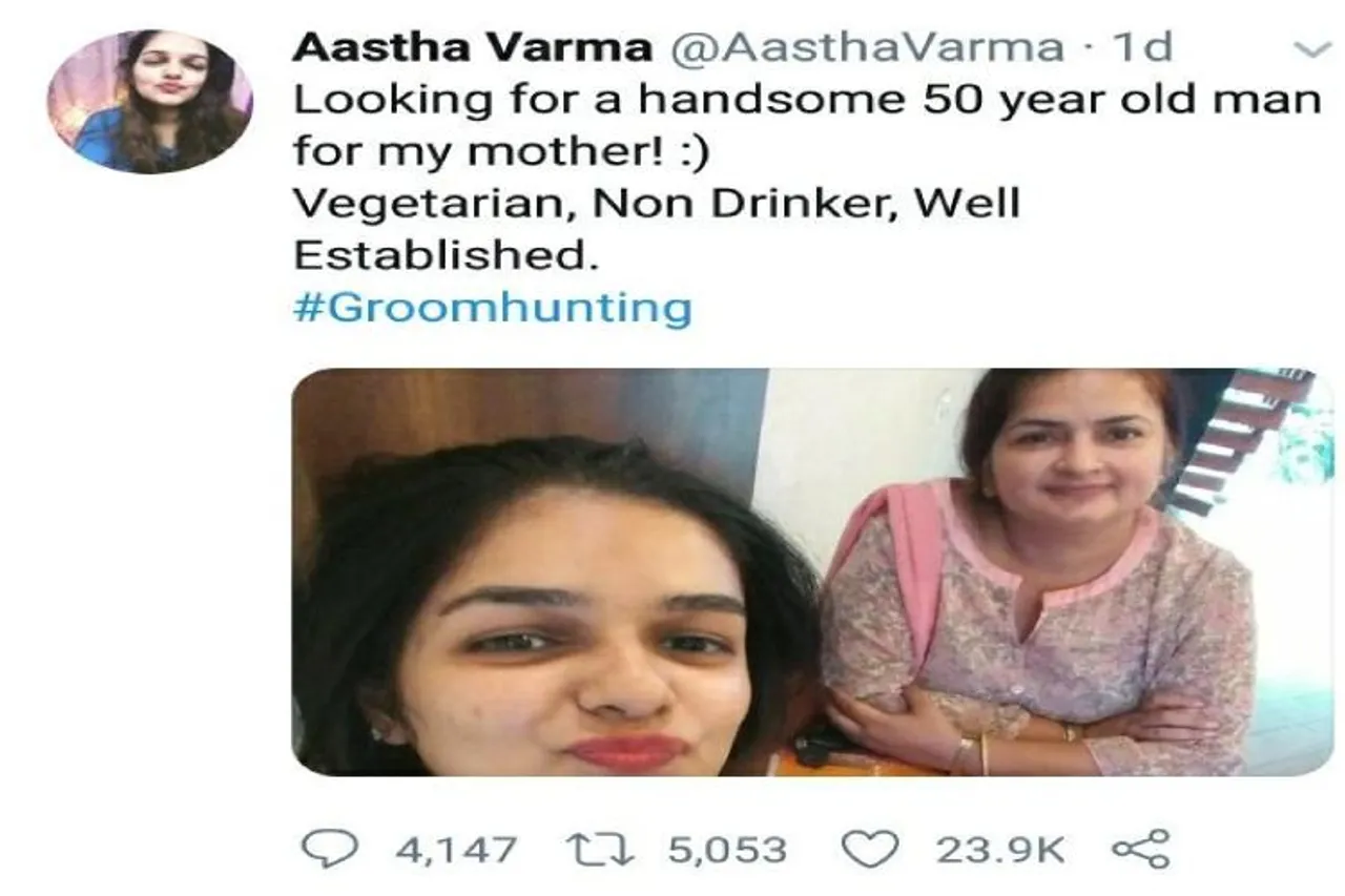 Aastha Varma tweet , Aastha varma mother companion twitter , Looking for a handsome 50 year old man for my mother , aastha varma twitter news