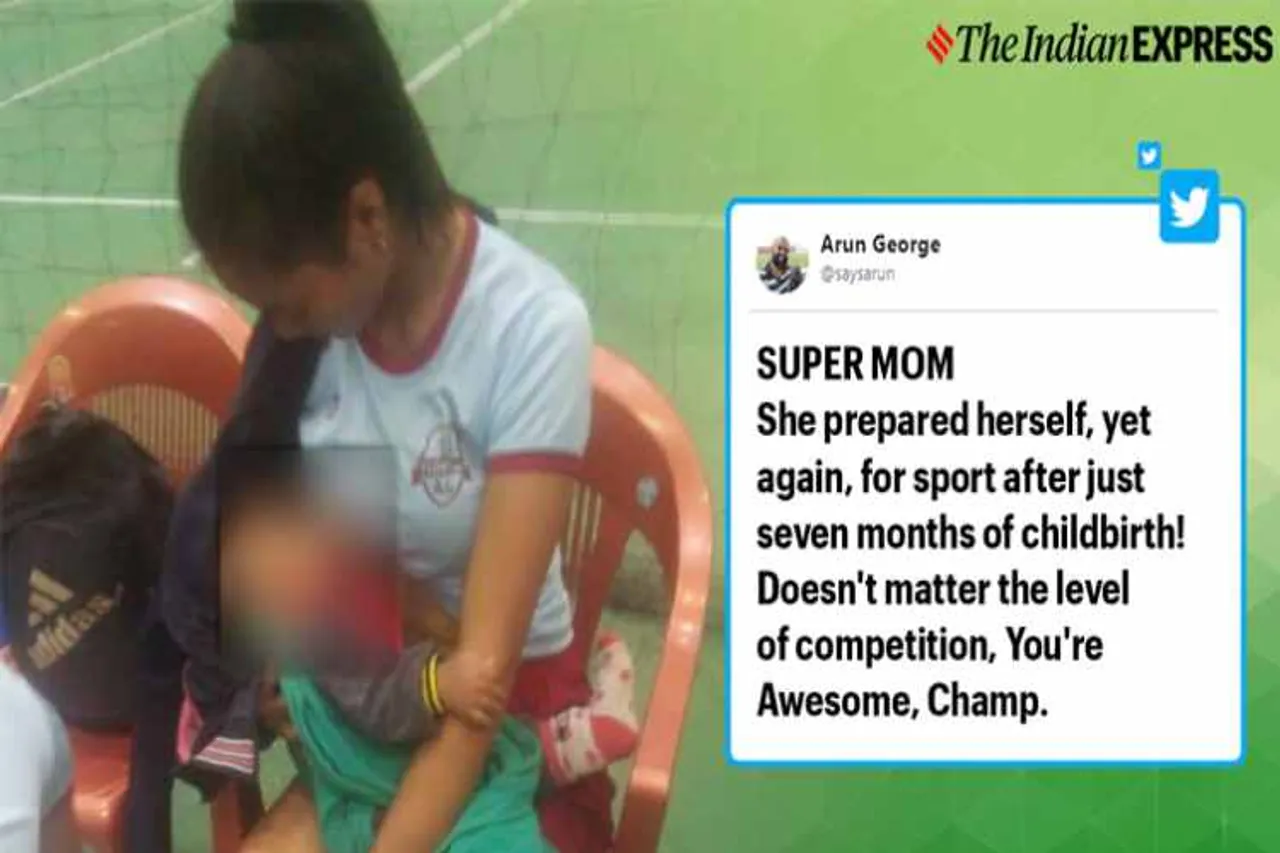 breastfeeding, player mom breastfeeding in public, mizoram player breastfeeding baby, mizoram state games 2019, tuikum volleyball team, viral news, good news, indian express