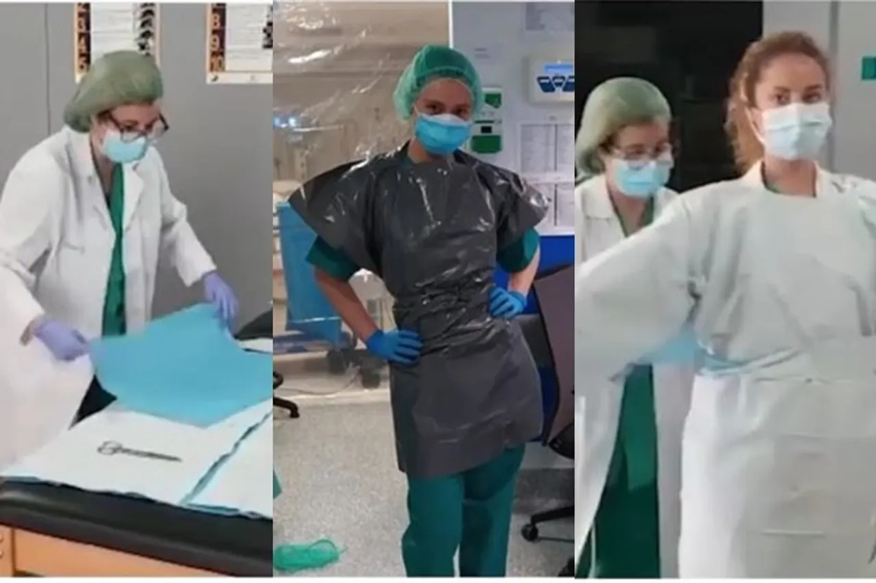 Spain health care workers use trash bags for protective personal gear