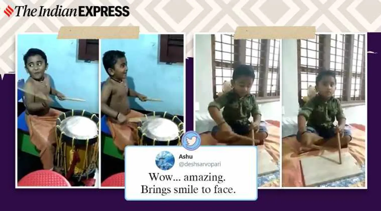 Kerala, boy, video. viral, trending, Malayalam, actor Jayaram, kerala boy playing marble with sticks videos, boy playing drums video, kerala boy gifted drums after viral video, jayaram gift chena kerala boy, Unni Mukundan kerala boy drum kit, indian express