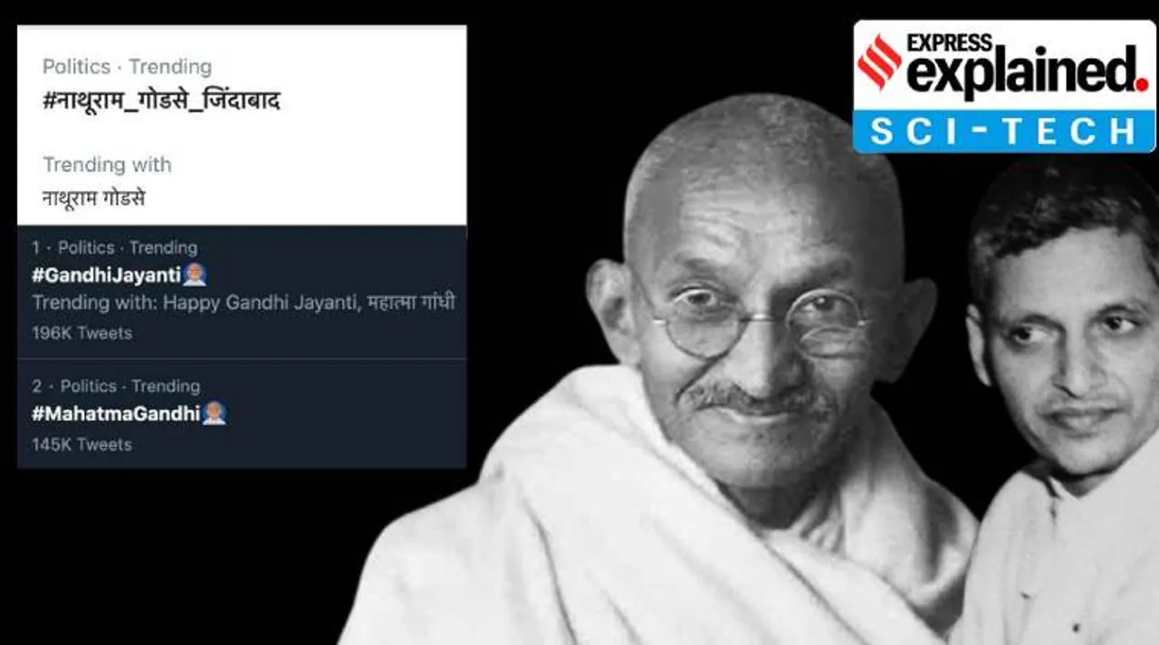 Mahatma Gandhi, Gandhi jayanti, twitter, twitter nathuram godse, twitter trend nathuram godse, மகாத்மா காந்தி, காந்தி ஜெயந்தி, ட்விட்டர் டிரெண்டிங், நாதுராம் கோட்சே, how twitter trends, nathuram godse zindabad trending, tamil indian express, express explained