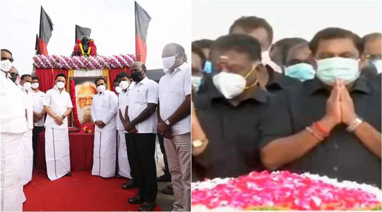 periyar, periyar death anniversay, mgr, mgr death anniversary, ops, eps, எம்ஜிஆர் நினைவு நாள், அதிமுக, முதல்வர் பழனிசாமி, ஓ பன்னீர்செல்வம், முக ஸ்டாலின், பெரியார் நினைவு நாள், தலைவர்கள் அஞ்சலி, அதிமுக உறுதி மொழி, mk stalin, leaders paid tributes to periyar, leaders paid tributes to mgr