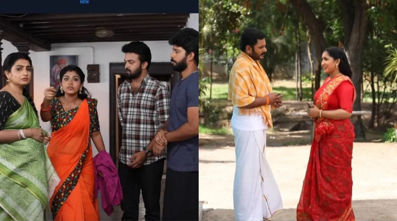 Vijay TV, Pandian Stores Serial, Pandian Stores serial today episode, Meena Complaint at Dhanam, விஜய் டிவி, பாண்டியன் ஸ்டோர்ஸ் சீரியல், மீனா, மல்லி, சத்யமூர்த்தி, தனம், ஜீவா, கதிர் முல்லை, meena complaint about Sathyamurthy speaking with Malli, malli, mullai kathir, kathir, mullai