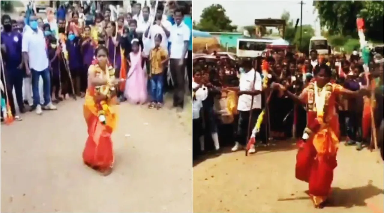 bride perfomed martial arts, bride perfomed silambam and surulvaal, சிலம்பம் சுற்றிய மணமகள், மணக்கோலத்தில் சிலம்பம் ஆடிய மணமகள், வைரல் வீடியோ, bride perfomed martial arts at her wedding in tuticorin, viral video, tamil viral news, tamil viral video news