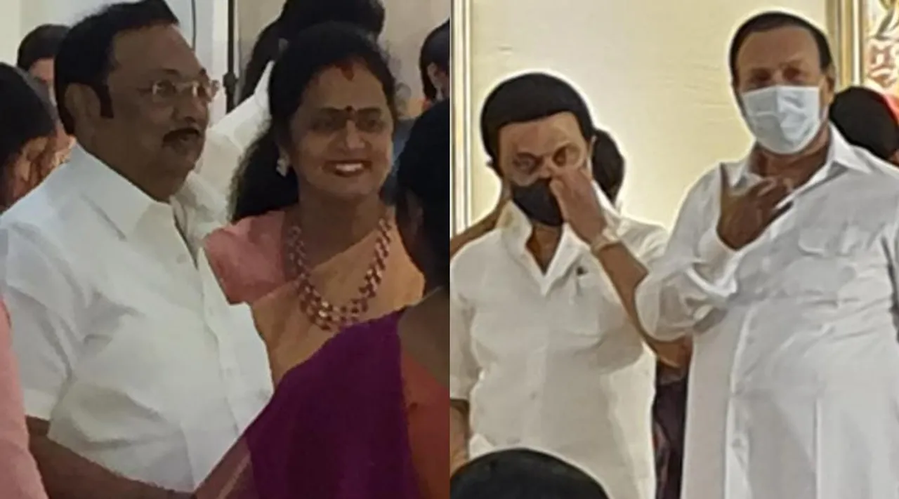 Karunanidhi family marriage, karunanidhi daughter selvi, selvi grand daughter marriage, dmk, brothers CM MK Stalin and MK Alagiri participates, mk stalin and mk alagiri viral photos, கருணாநிதி குடும்ப திருமண நிகழ்ச்சி, ஸ்டாலின் - அழகிரி பங்கேற்பு , வைரல் படங்கள், திமுக, செல்வி, கருணாநிதி மகள் செல்வி, DMK ministers in karunanidhi family marriage, ponmudi, tr baalu, mk stalin and mk alagiri meets