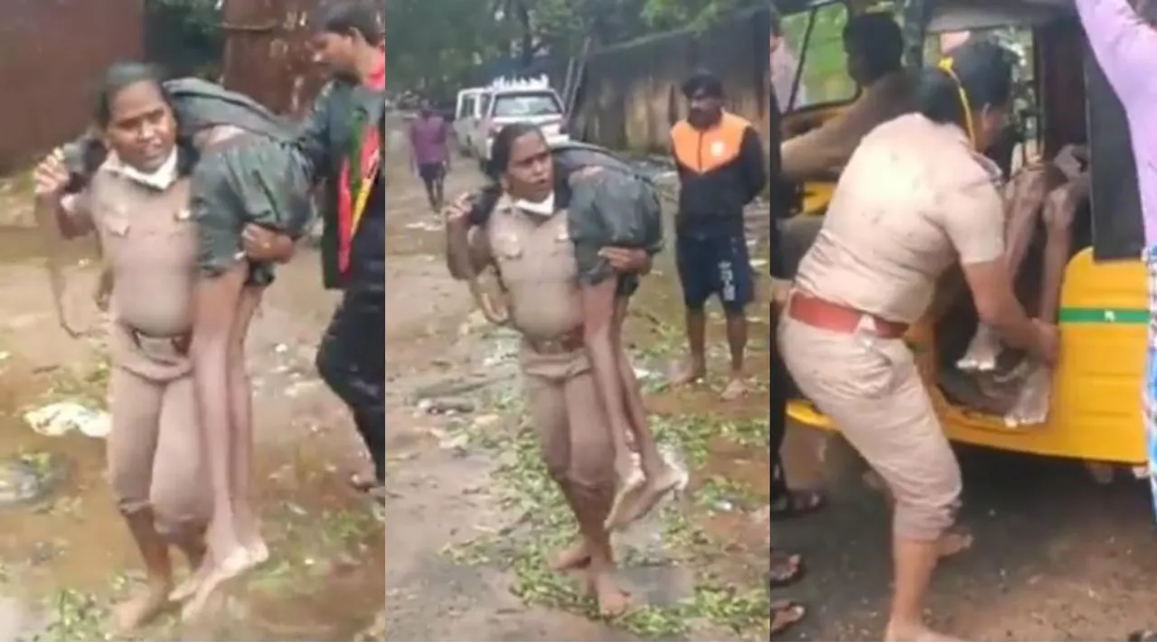 Inspector Rajeshwari, Inspector Raeswari, Inspector Rajeshwari rescued a man, viral video, chennai rains, இன்ஸ்பெக்டர் ராஜேஸ்வரி, இளைஞரை தோளில் தூக்கி சென்று உயிரைக் காப்பாற்றிய இன்ஸ்பெக்டர் ராஜேஸ்வரி, கீழ்ப்பாக்கம், டிபி சத்திரம், சென்னை மழை, Inspector Rajeshwari, TP Chathiram Inspector Rajeshwari, tamil nadu rains, viral video