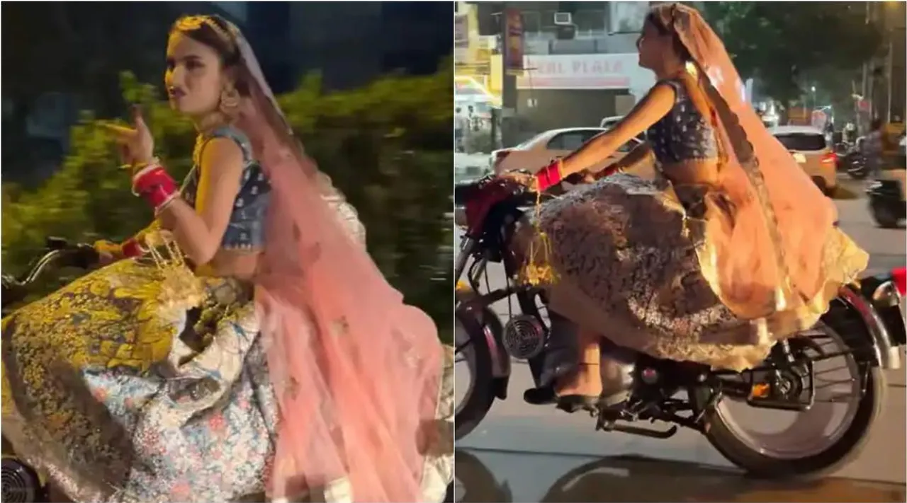 bride mass entry to marriage stage, bride rides bullet, viral video, bride flying by bike