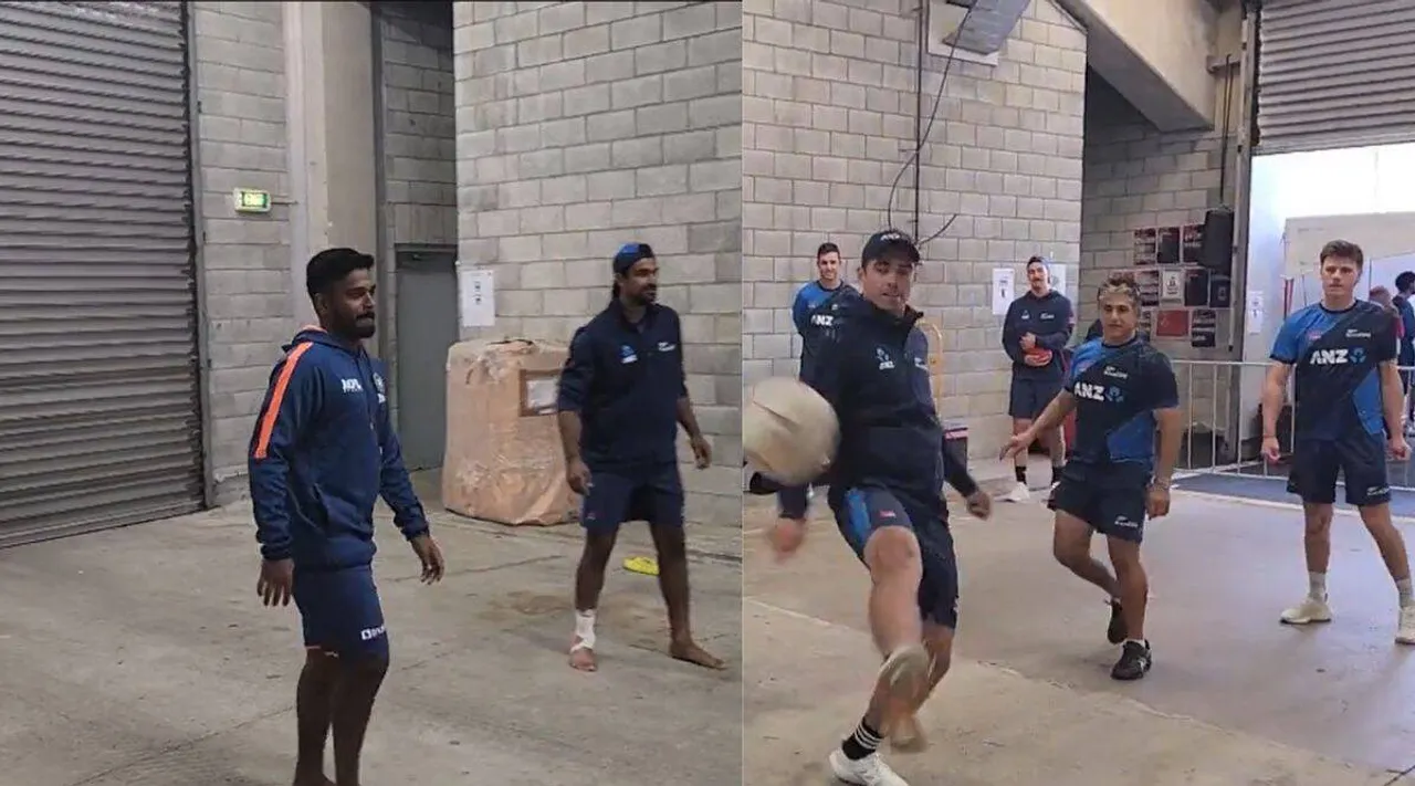 Watch video: Ind - NZ cricketers play ‘football volleyball’ as rain delayed toss in first T20I Tamil News