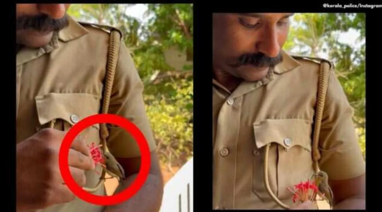 Kerala Police viral video, bird sits on a policeman’s uniform, போலீஸ்காரர் சீருடையில் வந்து அமர்ந்த தேன்சிட்டு; கேரள காவல்துறை வெளியிட்ட அழகான வீடியோ, வைரல் வீடியோ, tiny crimson-backed sunbird, Tamil indian express
