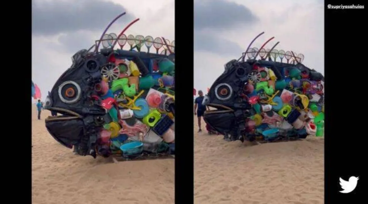 Ocean pollution video, art made of plastic pollution, பெசண்ட் நகர் கடற்கரை, சென்னை, பிளாஸ்டிக் கழிவுகளால் உருவாக்கப்பட்ட கலைப் படைப்பு, IAS officer Supriya Sahu, Tamil indian express