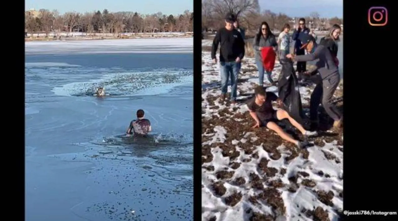 Wholesome dog rescue, viral dog rescue videos, Man jumps into a frozen lake to save dog, man jumps into Sloan Lake Colorado to rescue dog, indian express