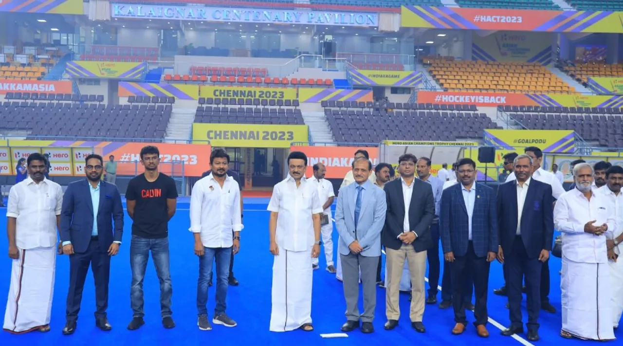 MK Stalin grand son Inbanithi and Udhayanidhi Mayor Radhakrishnan Hockey Stadium inauguration Tamil News