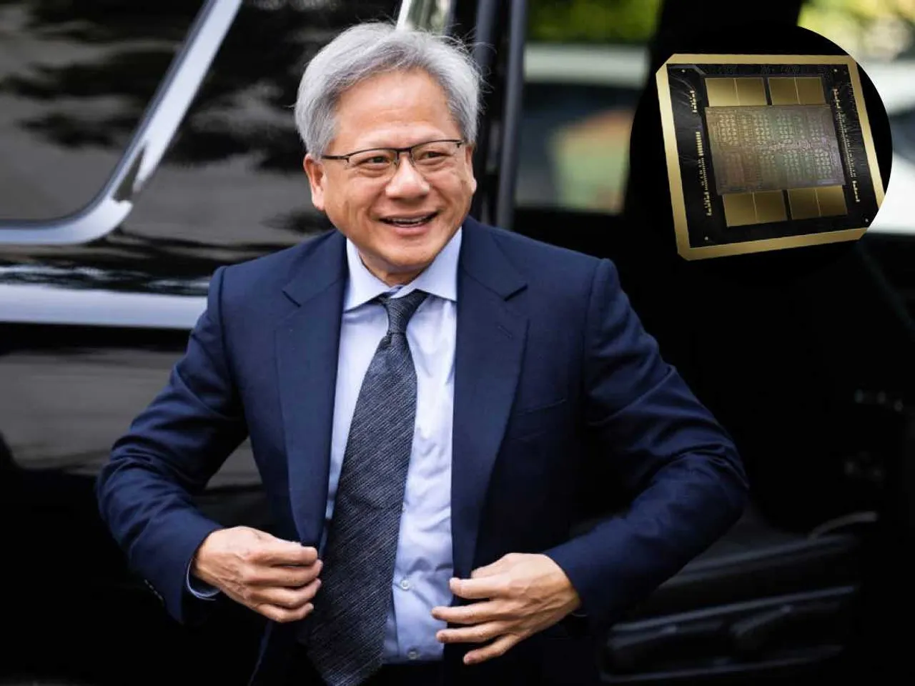 Jensen Huang and a image of the New Blackwell AI Chip