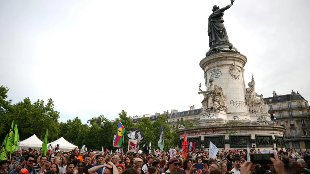 Hundreds gather at Place de la République in Paris as far-right surges ahead in French legislative elections.