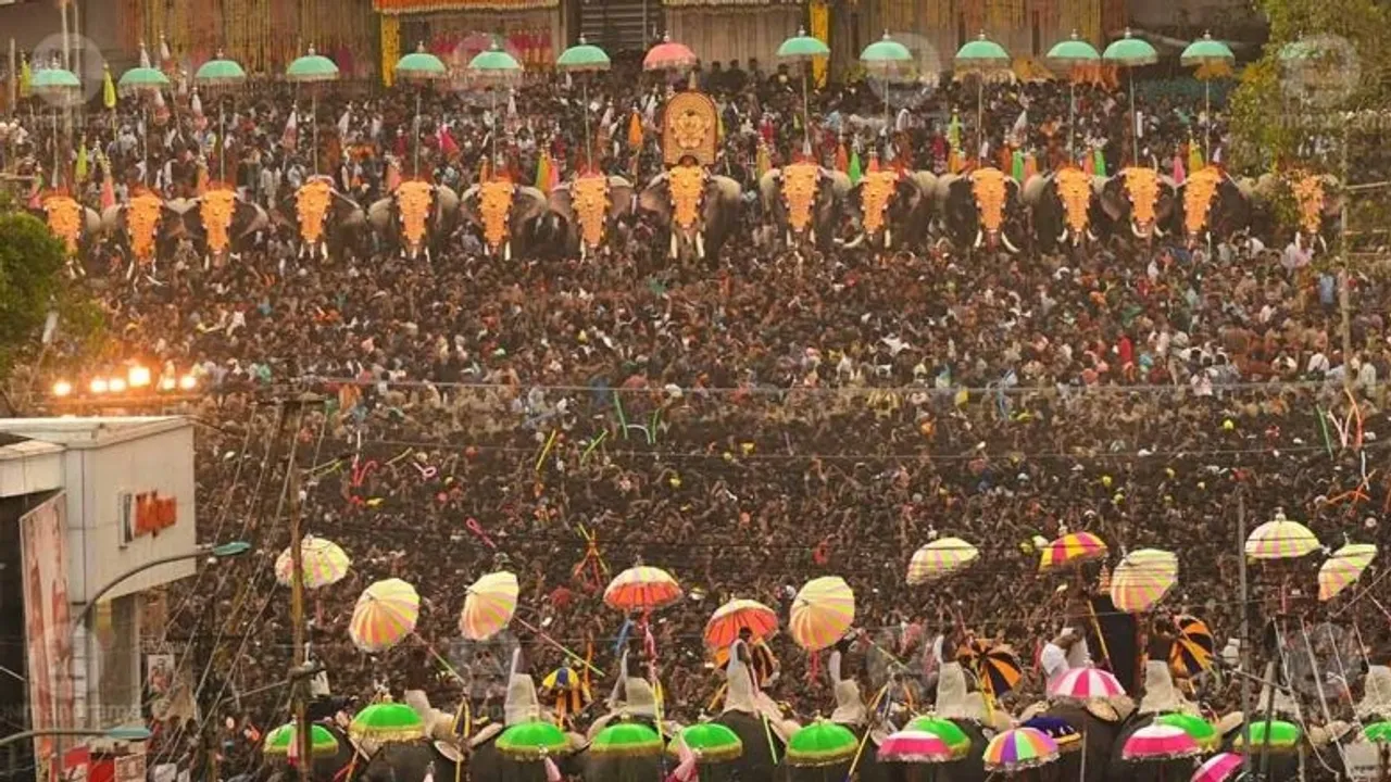 Thrissur's Kudamattam Festival Shines with LED Parasols Depicting Lord Ram and Chandrayaan