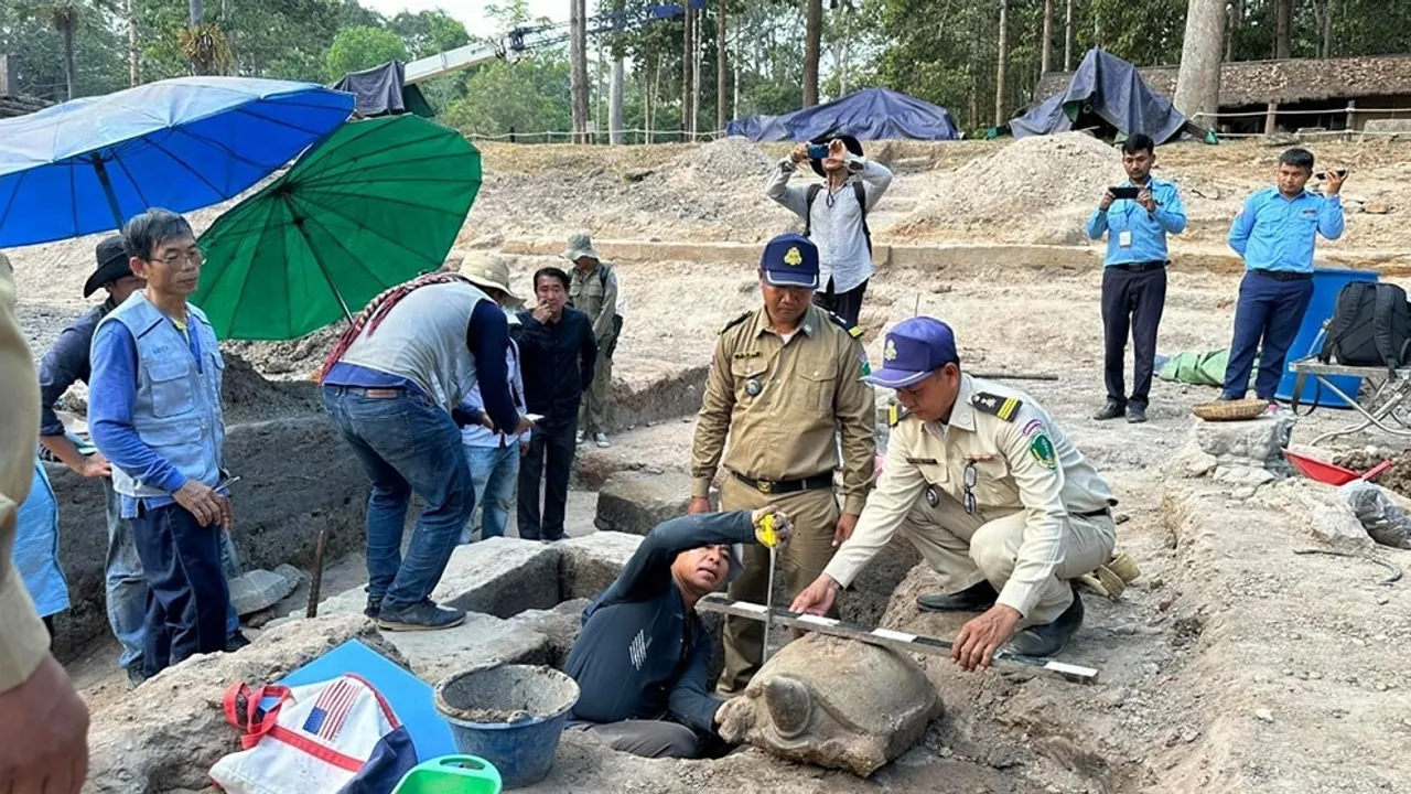 Rare 12th Century Sandstone Turtle Sculpture Unearthed at Cambodia's Bayon Temple