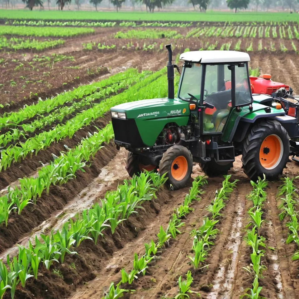 A tractor plowing a field with growing plants.