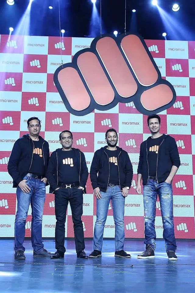 From L R Sumeet Kumar Rajesh Agarwal Vikas Jain Rahul Sharma Co Founders at Micromax unveil the new logo