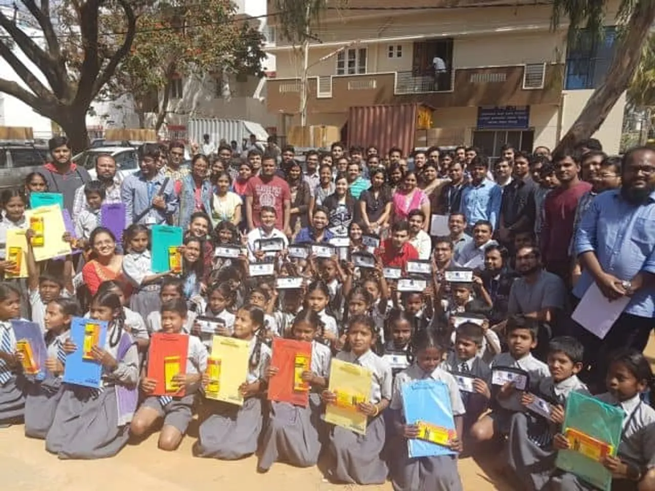 Pic Government school students rejoicing after receiving School Kits from Samsung