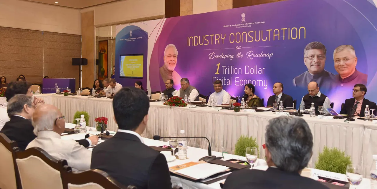 The Union Minister for Electronics & Information Technology and Law & Justice,Ravi Shankar Prasad chairing a High Level Round Table with Pioneers of Industry for developing the roadmap for one Trillion Dollar Digital Economy of India, organised by MEITY, in New Delhi on June 16, 2017. The Minister of State for Electronics & Information Technology and Law & Justice, P.P. Chaudhary, the Secretary, Ministry of Electronics & Information Technology, Aruna Sundararajan and other dignitaries are also seen.