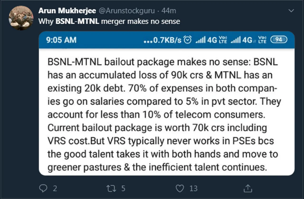 Twitter comments on BSNL MTNL merger
