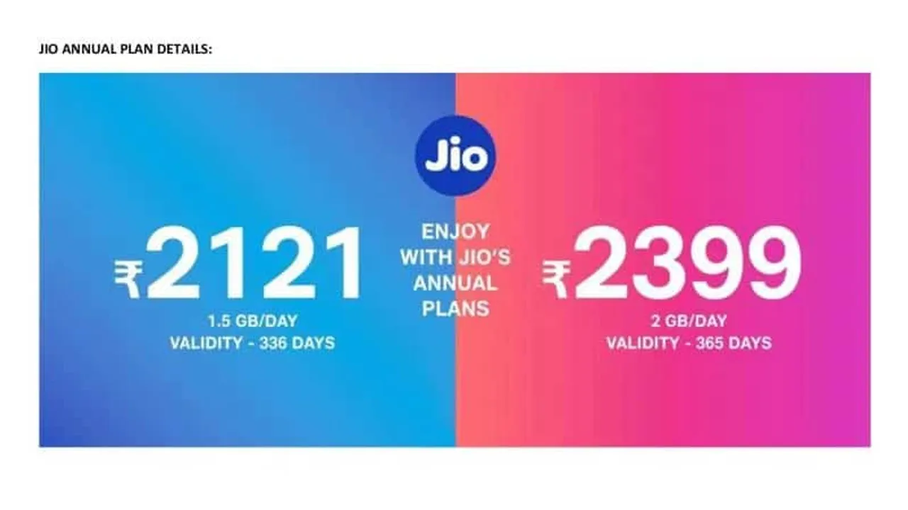 Jio subscribers get a new annual plan Rs 2,399 with 2 GB/Day benefits.  Abundant-Data Add-On Packs has been announced without daily data capping.